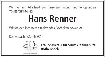 Traueranzeige von Hans Renner von Pegnitz-Zeitung